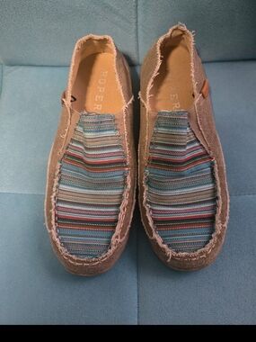 Roper Women’s Tan Slip-On Loafers with Blue Multi-Stripe Upper